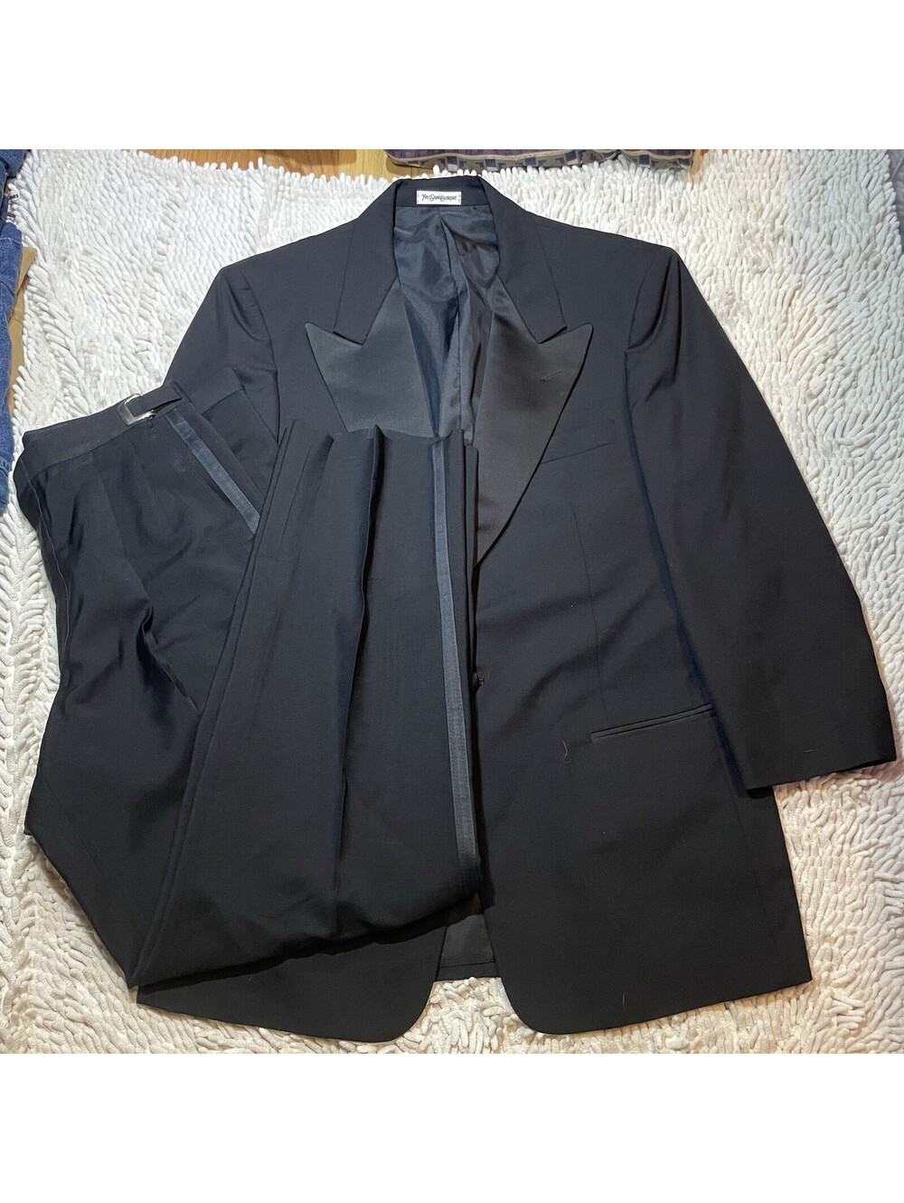 Vintage Yves Saint Laurent Tuxedo Suit Black Satin Peak Lapel 40R W30 L30 90s